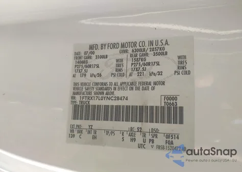 2000 Ford F-150 Lariat/Work Series/Xl/Xlt z USA, uszkodzony, nr VIN 1FTRX17L0YNC28474